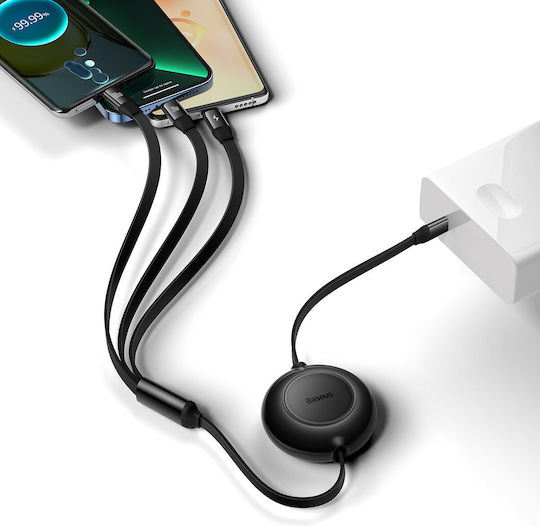 Baseus Bright Mirror 2 Retractable USB to micro USB / Type-C / Lightning Cable Μαύρο 1.1m (CAMJ010201)