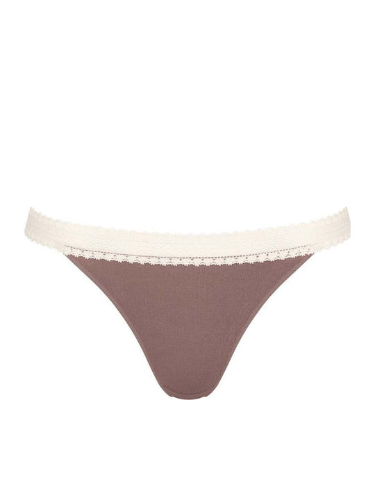 Go Ribbed H Tanga Βαμβακερά Femei Slip 2Pack cu Dantelă Bej