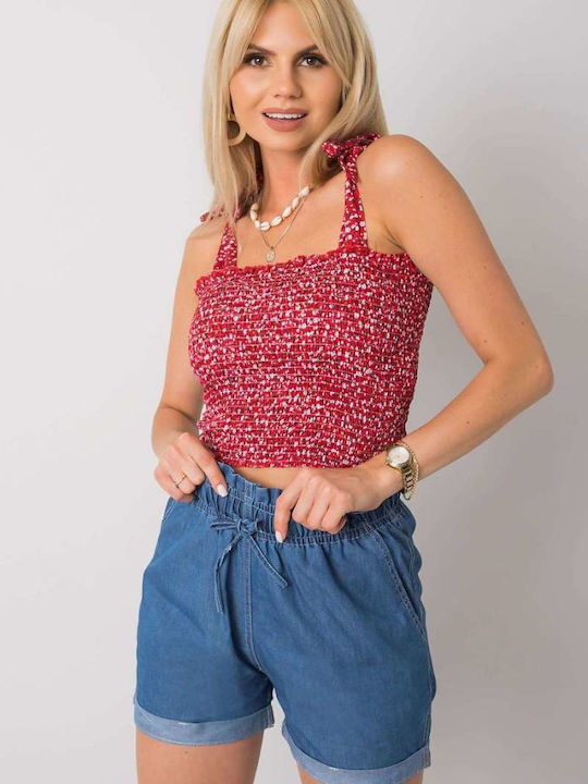 Rue Paris Damen Sommer Crop Top Baumwolle mit Trägern Blumen Rot