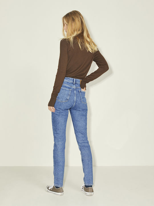 High Waist Women's Jean Trousers in Slim Fit Medium Blue Denim
