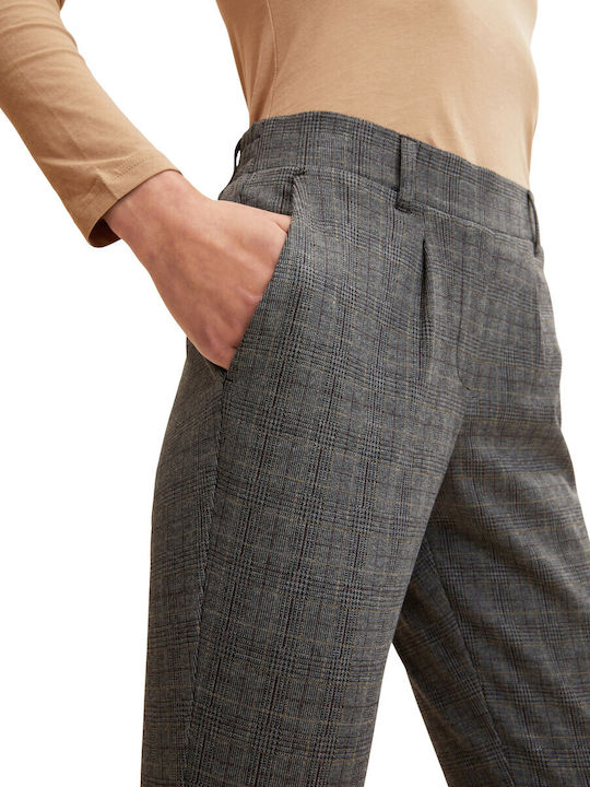 Women's High-waisted Fabric Capri Trousers Loose Fit Checked Gray