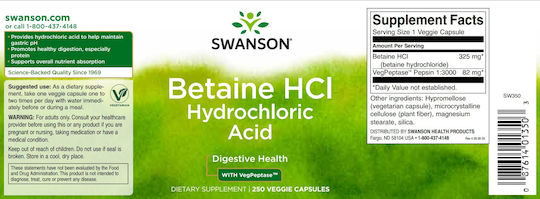 Swanson Betaine HCL Hydrochloric Acid Special Food Supplement 250 Vegetable Capsules