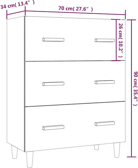 Wooden Bedroom Chest of Drawers with 3 Drawers 70x34x90cm