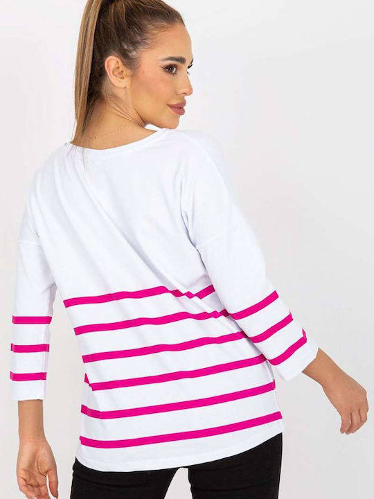 Rue Paris Women's Blouse Cotton with 3/4 Sleeve Striped White/Pink