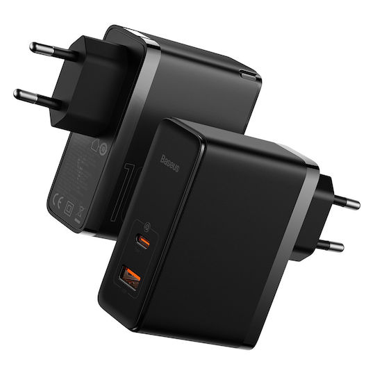 Baseus Încărcător GaN cu Port USB-A și Port USB-C și Cablu USB-C 100W Livrarea energiei / Quick Charge 4+ Negruς (Gan5)