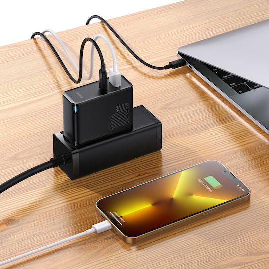 Baseus Încărcător GaN cu Port USB-A și Port USB-C și Cablu USB-C 100W Livrarea energiei / Quick Charge 4+ Negruς (Gan5)