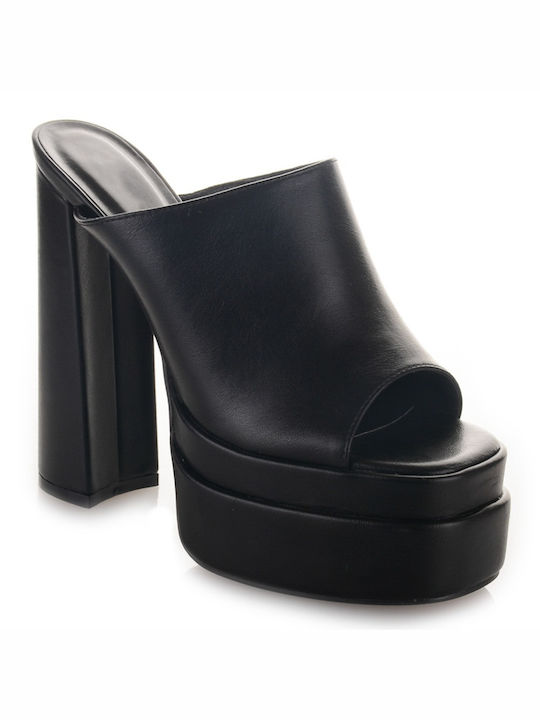 Famous Shoes Δερμάτινα Mules με Χοντρό Ψηλό Τακούνι σε Μαύρο Χρώμα
