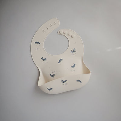 Mushie Whales Waterproof Bib Silicone with Button & Pocket Beige