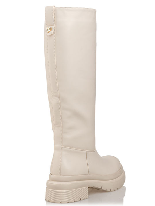 Synthetic Leather Women's Boots with Rubber Beige