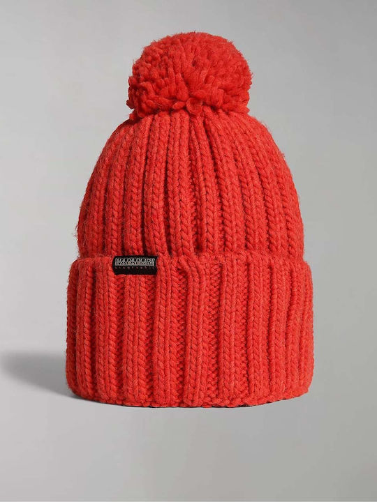 Napapijri Fea 2 Pom Pom Beanie Cap Ribbed In Red Colour