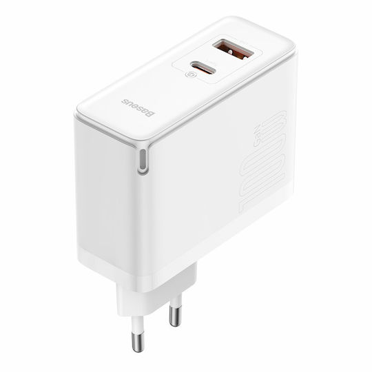 Baseus Φορτιστής Χωρίς Καλώδιο GaN με Θύρα USB-A και Θύρα USB-C 100W Power Delivery / Quick Charge 4.0 Λευκός (Gan5)