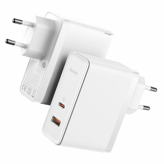 Baseus Φορτιστής Χωρίς Καλώδιο GaN με Θύρα USB-A και Θύρα USB-C 100W Power Delivery / Quick Charge 4.0 Λευκός (Gan5)