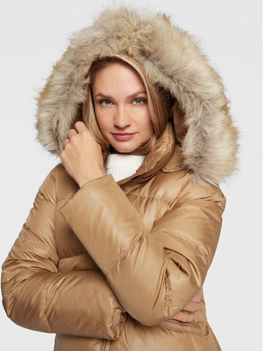 Kurz Damen Puffer Jacke mit pelziger Kapuze für Winter Safari Canvas