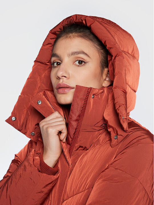 Μακρύ Γυναικείο Puffer Μπουφάν για Χειμώνα Deep Orange