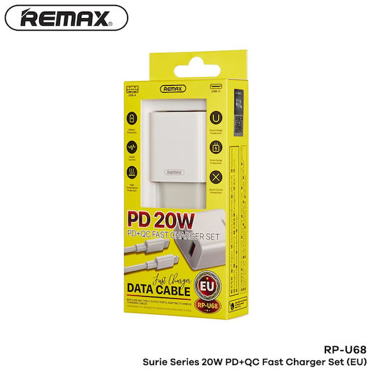 Remax Φορτιστής με Θύρα USB-A και Θύρα USB-C και Καλώδιο USB-C - Lightning 20W Power Delivery Λευκός (RP-U68)