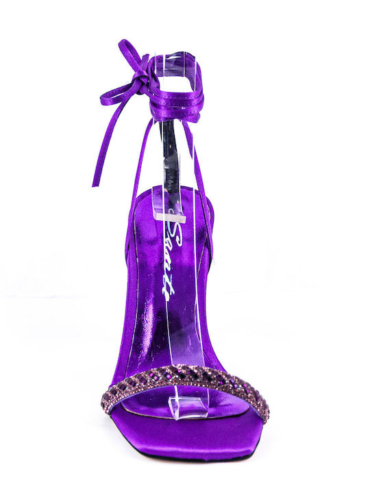 Fabric Women's Sandals with Strass & Laces Purple with Chunky High Heel