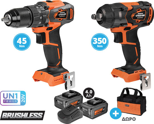 Krausmann US103-24SB Set Bohrer & Schlagschrauber Brushless 20V mit 2 Batterien 4Ah und Hülle
