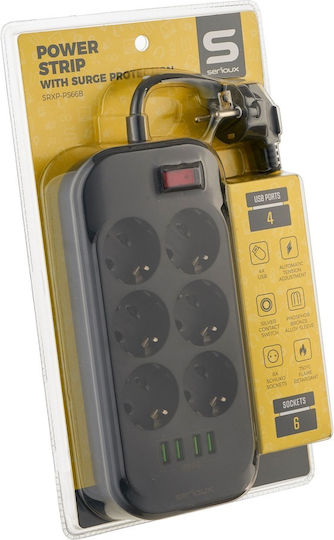 Serioux Πολύπριζο Aσφαλείας 6 Θέσεων με 4 USB-A, Διακόπτη και Καλώδιο 2m