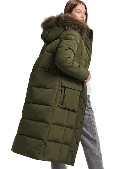 Superdry Everest Lung Jachetă de femei Puffer cu glugă de blană pentru iarnă Surplus Goods Olive