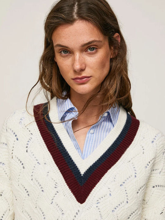 Damen Langarm Pullover mit V-Ausschnitt Gestreift Beige
