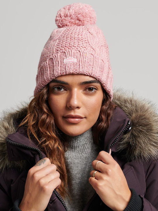 Cable Knit Bobble Beanie Cap with Braid Rose Tweed