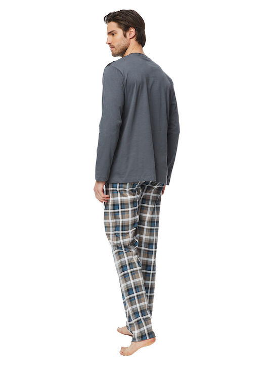 Minerva Men's Winter Cotton Checked Pajamas Set Gray