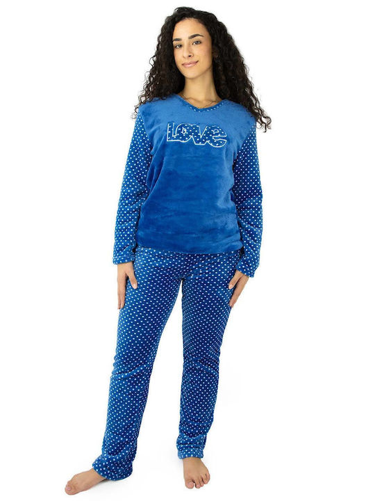 Lydia Creations Winter Damen Pyjama-Set Vlies Blau