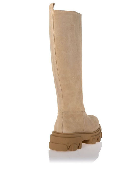 Suede Women's Boots with Zipper Beige