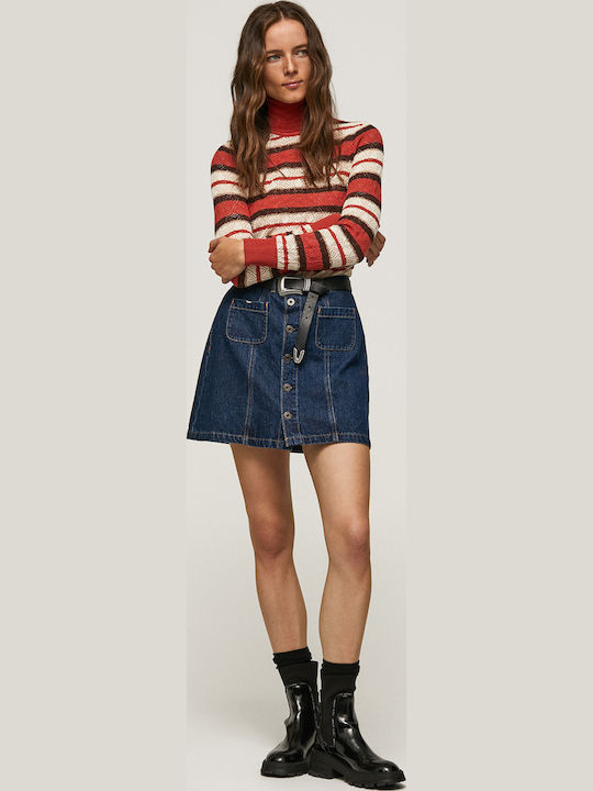 Women's Long Sleeve Sweater Turtleneck Striped Red