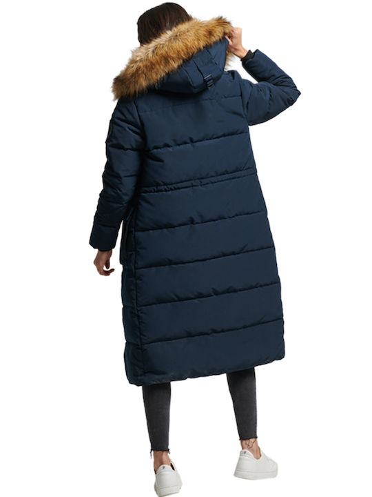 Superdry Everest Women's Long Puffer Jacket for Winter with Detachable Hood Navy Blue