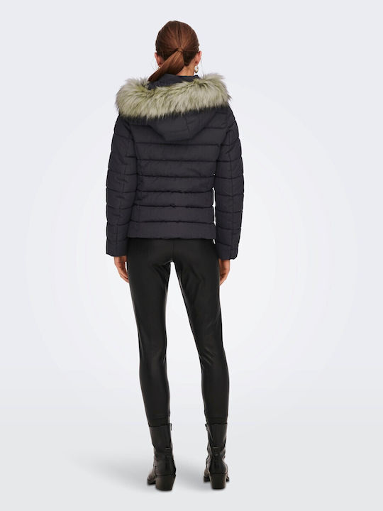 Only Kurz Damen Puffer Jacke mit pelziger Kapuze für Winter Charcoal