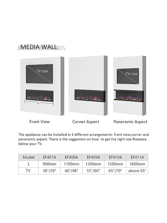 Richen 3D Insert 113 Wall Mounted Electric Fireplace 2000W 112.8x49.5cm Black