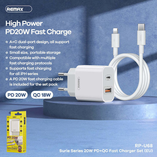 Remax Φορτιστής με Θύρα USB-A και Θύρα USB-C και Καλώδιο USB-C - Lightning 20W Power Delivery Λευκός (RP-U68)