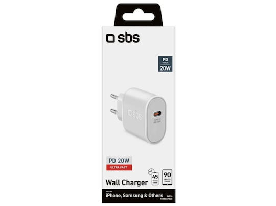 SBS Φορτιστής Χωρίς Καλώδιο με Θύρα USB-C 20W Power Delivery Λευκός (TETR1CPD20)