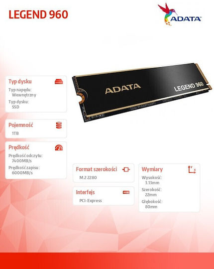 Adata Legend SSD 1TB τύπου M.2 με σύνδεση PCI Express 4.0 και Ψύκτρα (PS5 Compatible) ALEG-960-1TCS