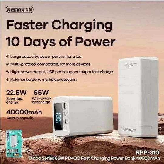 Remax Dinba Power Bank 40000mAh 65W with USB-A Port and 2 USB-C Ports Power Delivery White