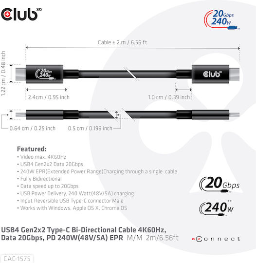Club3D USB 4 Video Cable USB-C male - USB-C 240W PD Μαύρο 2m CAC-1575