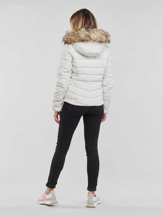 Only Women's Short Puffer Jacket for Winter with Hood White