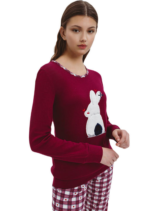 Odyssey Winter Women's Pyjama Set Cotton Burgundy Rabbit