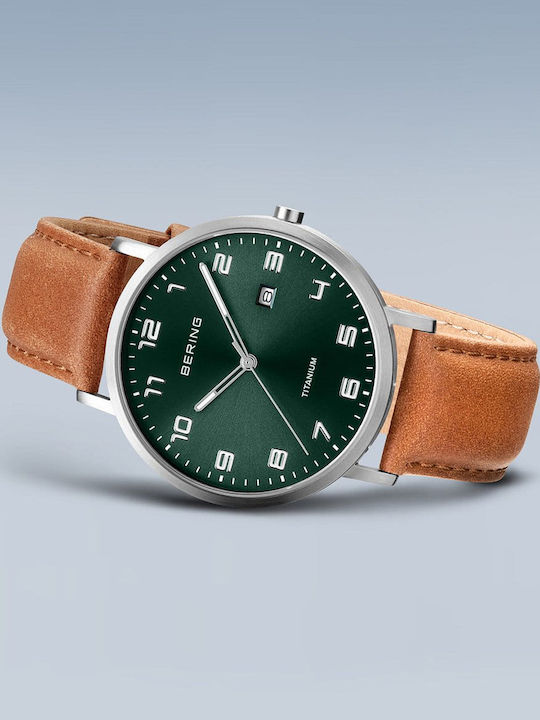 Bering Time Titanium Herrenuhr 40mm Batterie mit Braun Lederarmband