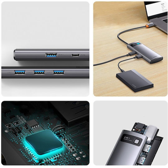Baseus Metal Glanz Serie USB-Hub 3 Anschlüsse USB 3.0 mit USB-C Anschluss Ethernet Silber