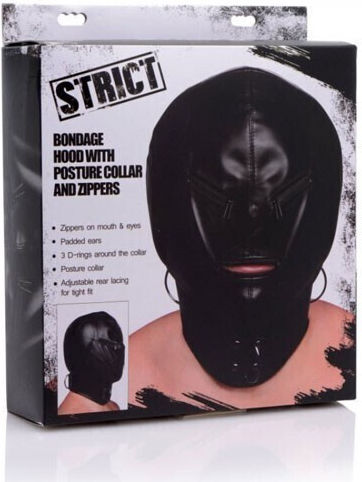 XR Strict Bondage Hood with Posture Collar and Zippers BDSM Maske in Schwarz Farbe