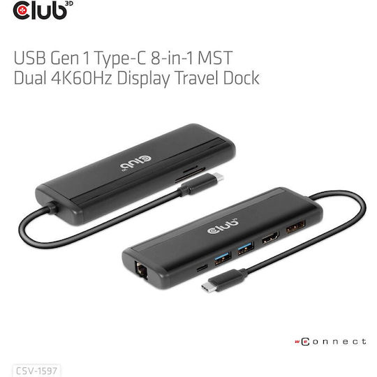 Club3D USB-C Docking Station με HDMI/DisplayPort 4K PD Ethernet και συνδεση 2 Οθονών Μαύρο (CSV-1597)