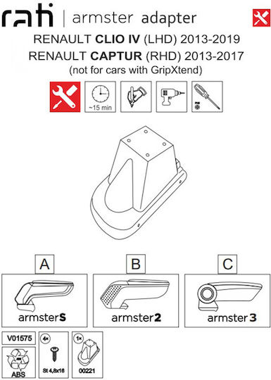 Rati Armster Βάση Στήριξης Τεμπέλη Αυτοκινήτου Συμβατή με Renault Captur / Clio σε Μαύρο Χρώμα