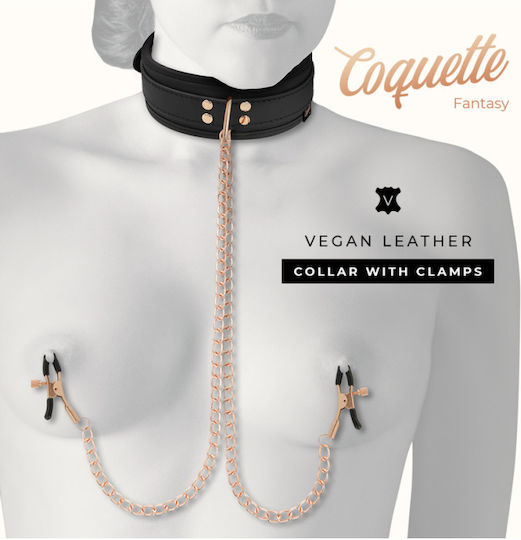Coquette Vegan Leather Collar With Nipple Clamps BDSM Kit in Black Color