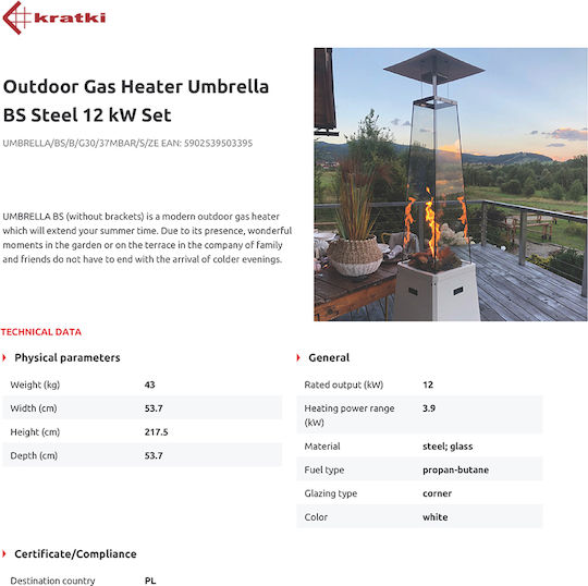 Kratki Umbrella Gasheizgerät Pyramide mit Leistung 12kW