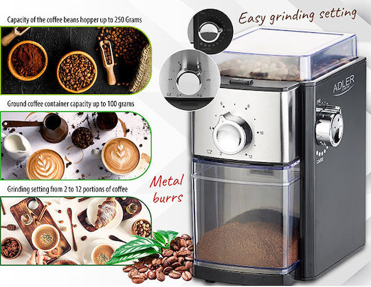 Adler AD-4448 Electric Coffee Grinder 300W for 250gr Beans and 12 Grind Levels Silver
