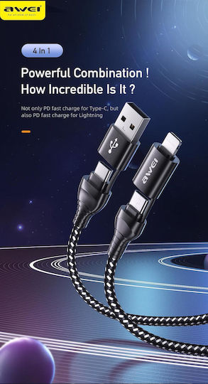 Awei CL-126 Braided USB to Lightning / Type-C Cable Μαύρο 1.2m