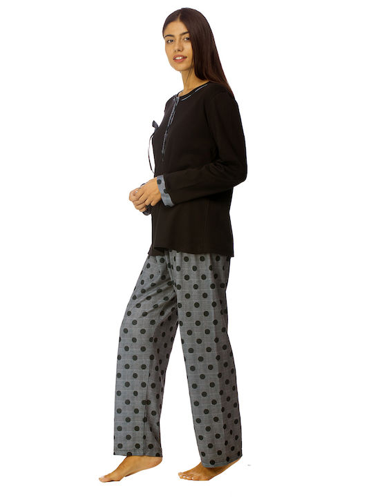 Zaboo Damen Winter Pyjama mit Knopfleiste und karierten Hosen-ZB1092 Schwarz