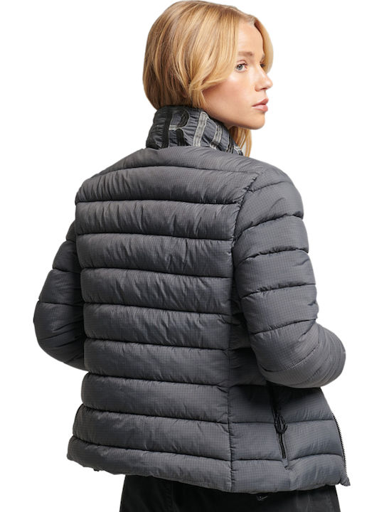 Women's Short Puffer Jacket for Winter Grid Charcoal